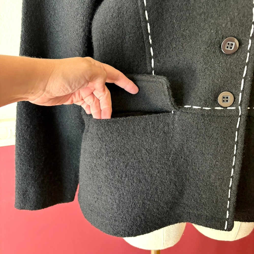 Vintage Lisa International Black Boiled Wool Jacket M Contrast Stitch Monochrome - Picture 8 of 9